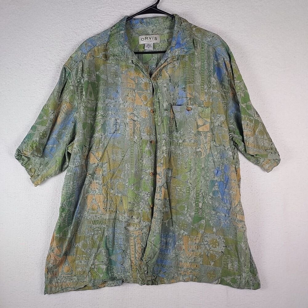 Orvis Rayon XL Men’s Camp Shirt Short Sleeve Button Front Green Tribal Aloha Cas